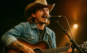Man in cowboy hat singing into microphone while playing acoustic guitar.