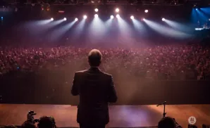 A speaker stands on stage facing a large audience, bathed in stage lights.