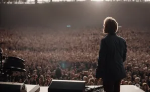 Man playing an acoustic guitar and singing into a microphone on a dimly lit stage.
