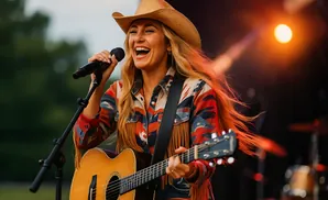 A woman in a cowboy hat sings into a microphone while playing an acoustic guitar.