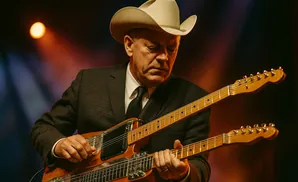 Man in cowboy hat playing a double-neck electric guitar.