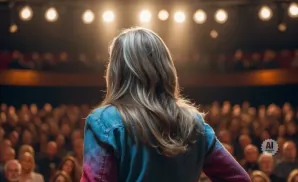 Woman with blonde hair in a denim jacket stands on a stage facing an audience.