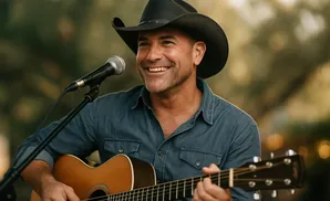 A man in a cowboy hat plays an acoustic guitar and sings into a microphone.