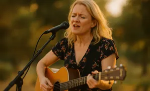 Woman singing and playing an acoustic guitar outdoors during golden hour.