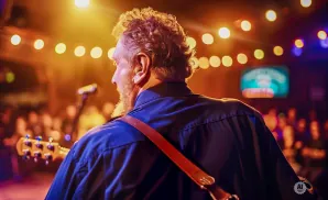 Musician playing guitar on stage, facing away, with blurred audience and lights.