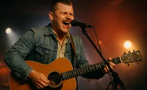 Man singing and playing an acoustic guitar on stage with warm lighting.