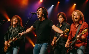 A band performs live on stage with vibrant lighting.