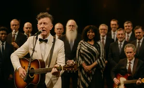 A man in a cream suit plays guitar and sings into a microphone with a chorus behind him.