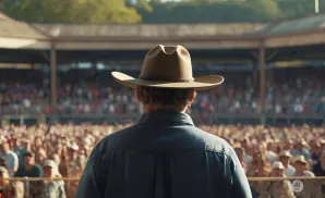 Man in cowboy hat facing an audience at an outdoor event.