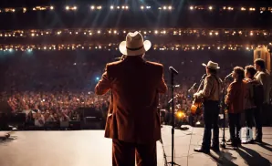 A country band performs for a large audience on a brightly lit stage.