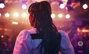 Woman with a high ponytail in a sparkly white top on stage with bright lights.
