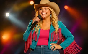 A blonde woman in a cowboy hat and fringed jacket sings into a microphone on stage.