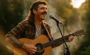 Man with a mullet and mustache playing an acoustic guitar and singing into a microphone.