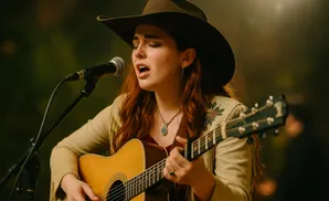 A woman in a cowboy hat sings into a microphone while playing an acoustic guitar.