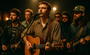 A band performs on stage with one person singing and playing guitar, while others play instruments.