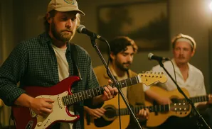 A band performs with three guitarists. The guitarist in the foreground plays a red electric guitar.