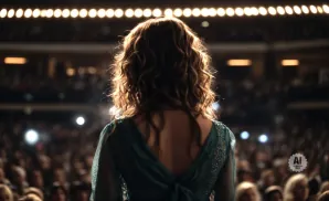 A woman with curly brown hair stands on stage in a teal dress, facing a large audience.
