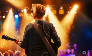 Guitarist playing on a stage with bright lights and an audience.