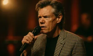 Man singing into a microphone, wearing a checkered jacket.
