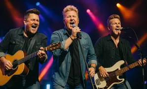 Three men on stage singing and playing instruments under colorful stage lights.