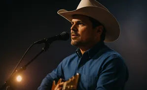 A man in a cowboy hat sings into a microphone while playing an acoustic guitar.