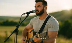 Man with beard plays guitar and sings into a microphone outdoors during sunset.
