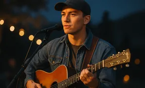 Man in a baseball cap and denim shirt plays an acoustic guitar into a microphone, with bokeh lights in the background.
