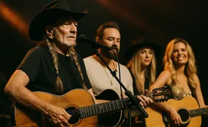 Willie Nelson and two women playing guitars on stage.