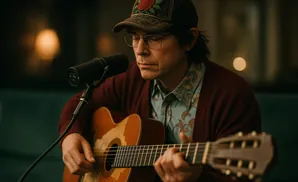 Man wearing a baseball cap and glasses plays an acoustic guitar in front of a microphone.
