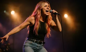 Singer with blonde hair and pink streaks, wearing a black tank top and jeans, performing into a microphone on stage.