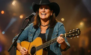 A woman in a cowboy hat and denim jacket sings and plays an acoustic guitar on stage.