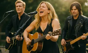 A female singer passionately plays acoustic guitar, flanked by a guitarist and bassist.