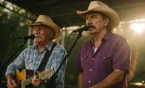 Two men in cowboy hats sing into microphones on stage, one plays guitar.