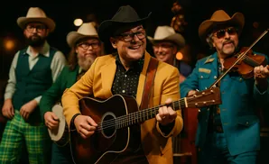 Band of musicians in cowboy hats, one playing guitar, another playing violin.