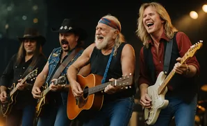A country band plays guitars on stage, with one member wearing a cowboy hat and another a bandana.