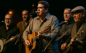 A band of men perform music on stage, playing guitars, banjos, and mandolins.