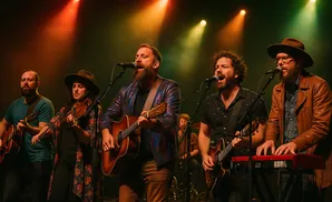 A band performs on stage, with musicians playing guitars, violin, and keyboard under dramatic lighting.