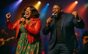 Two singers, a woman in a red jacket and green dress and a man in a navy suit, sing into microphones on a brightly lit stage.