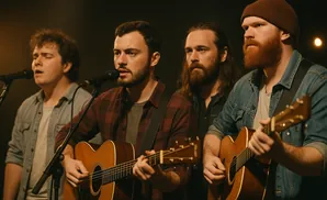 Four men playing guitars and singing into microphones on stage.