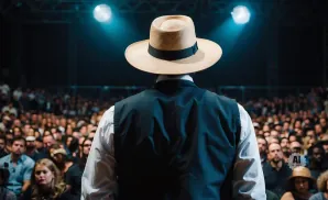Man in a hat and vest on stage faces a crowd.