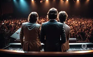 Back view of three men in suits on a stage, facing a large audience and a piano.