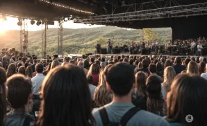 An outdoor concert with a band playing on stage to a crowd of people at sunset.
