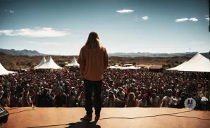 A performer with long blond hair stands on stage, facing a large outdoor crowd at a festival.