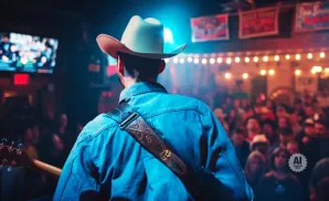 Man in cowboy hat playing guitar on stage in front of a crowd.