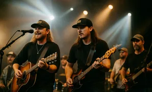 Musicians performing on stage under bright lights. Two men in the foreground play guitars.