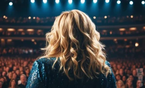 a rear view photo of trisha yearwood performing a concert on stage to a lively audience