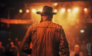 Man with beard and hat singing into a microphone while playing guitar.