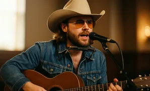 A man in a cowboy hat sings into a microphone while playing an acoustic guitar and harmonica.