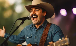 Man in a cowboy hat and denim shirt singing into a microphone while playing a guitar.