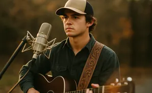 A young man wearing a baseball cap plays an acoustic guitar in front of a microphone outdoors.